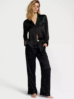 Пижама женская Victoria's Secret Glazed Satin Dew Drop Long Pajama Set, черная, XL 20179 фото