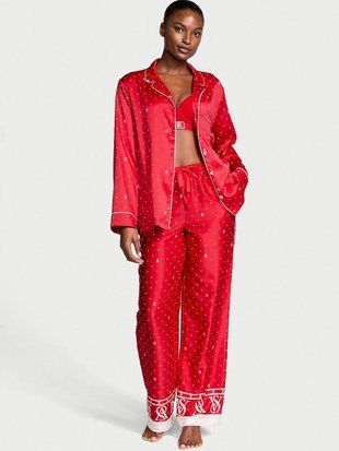 Пижама женская Victoria's Secret Glazed Satin Long Pajama Set (штаны + рубашка), L, Красная 20179 фото