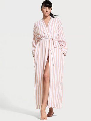 Халат Victoria's Secret Toasted Sugar Stripes Cotton Long Robe, М/L Белый/Коричневый 112975450 фото