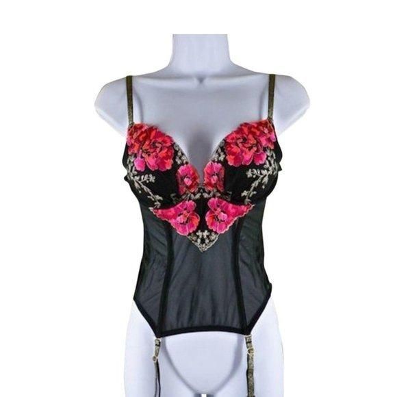 Бюстьє жіноче Victoria's Secret Bustier Black Gold Red Pink Floral Embroidery Corset Bra 36C 2311 фото