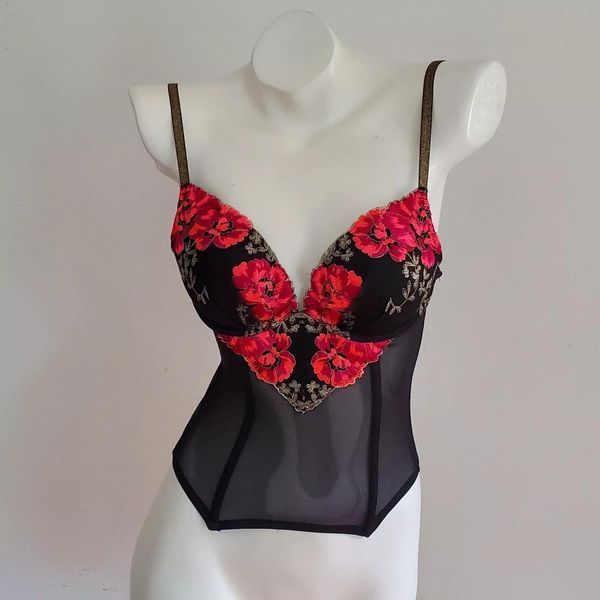 Бюстьє жіноче Victoria's Secret Bustier Black Gold Red Pink Floral Embroidery Corset Bra 36C 2311 фото