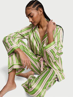 Женский пижамный комплект Victoria&rsquo;s Secret Green/Caramel Stripe Satin Long Pyjama Set (S) 20179 фото