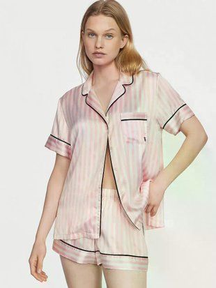 Сатиновая пижама с шортами Victoria's Secret Satin Short Pajama Set, розовая в полоску, XL 20179 фото