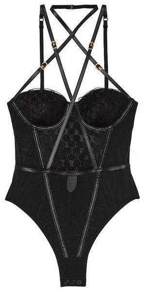 Боді Victoria's Secret Very Sexy VS Logo Embroidery Balconette Faux-Leather Trim Teddy Black (XL) 76936 фото