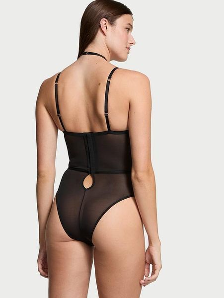 Боді Victoria's Secret Very Sexy VS Logo Embroidery Balconette Faux-Leather Trim Teddy Black (XL) 76936 фото