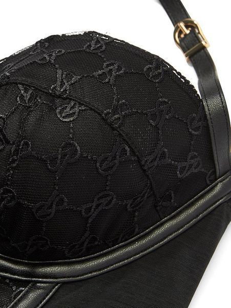 Боді Victoria's Secret Very Sexy VS Logo Embroidery Balconette Faux-Leather Trim Teddy Black (XL) 76936 фото